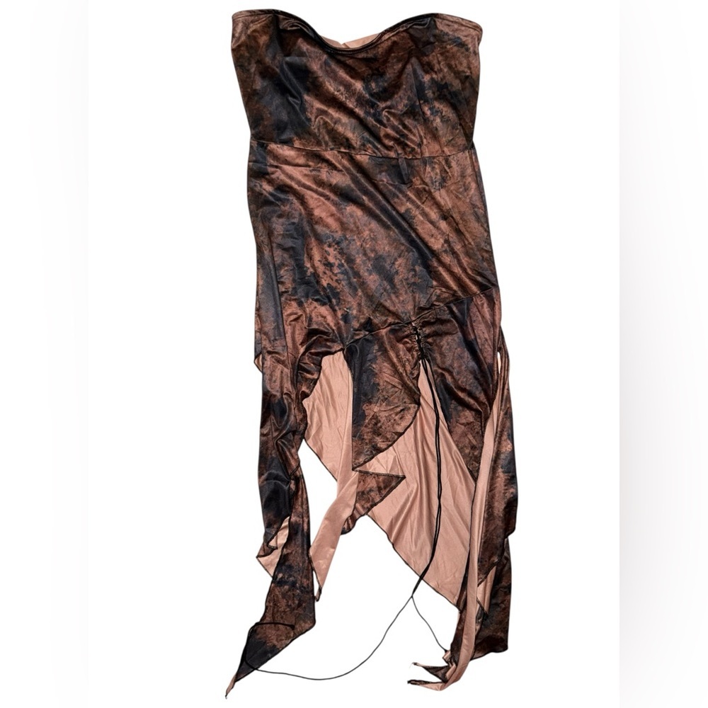 Micas brown tie dye strapless midi asymmetrical dress large new with tag